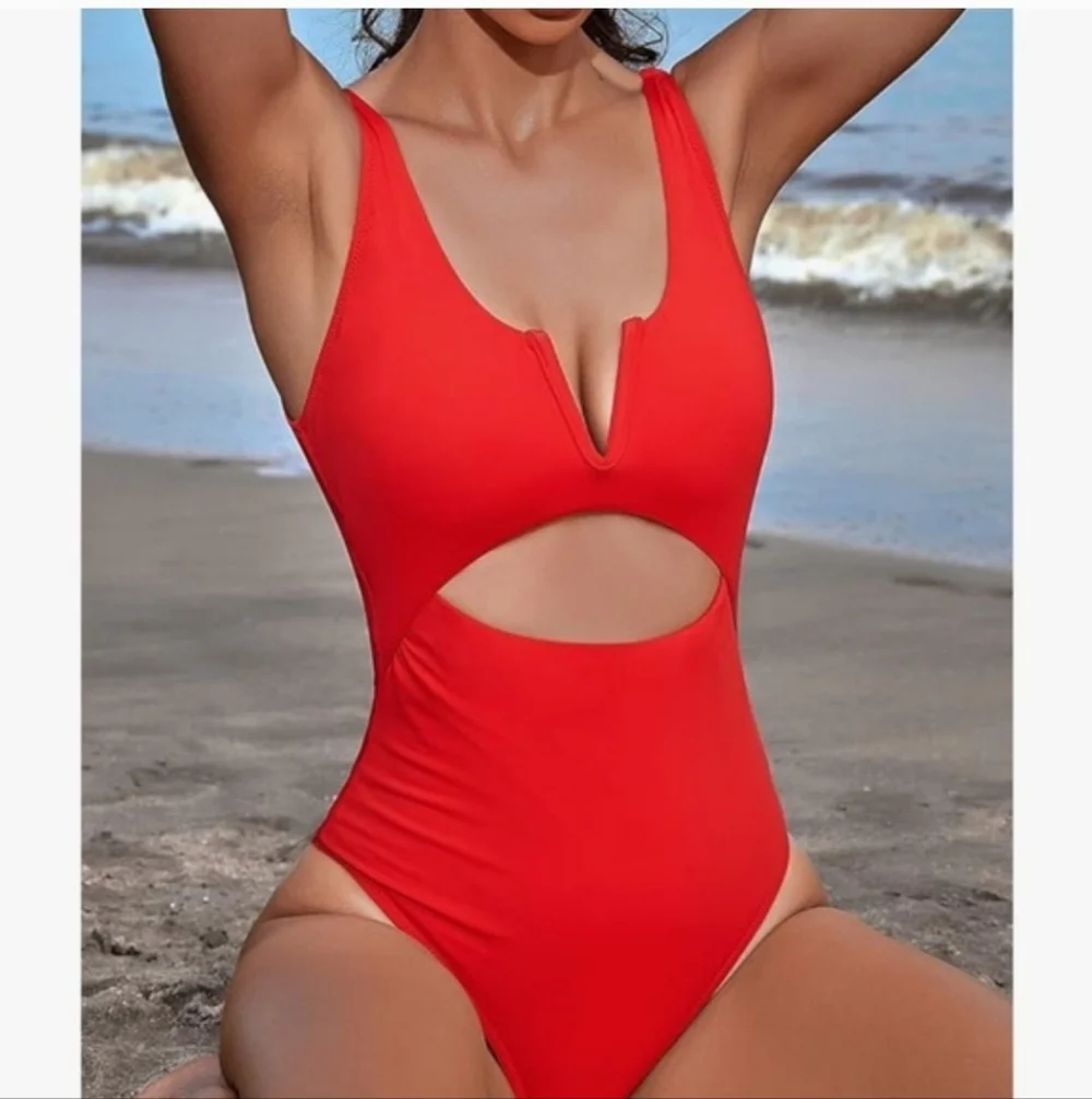 Meyeeka Red Sexy Hard Wire With cut out tummy control One-Piece Swimsuit - L
